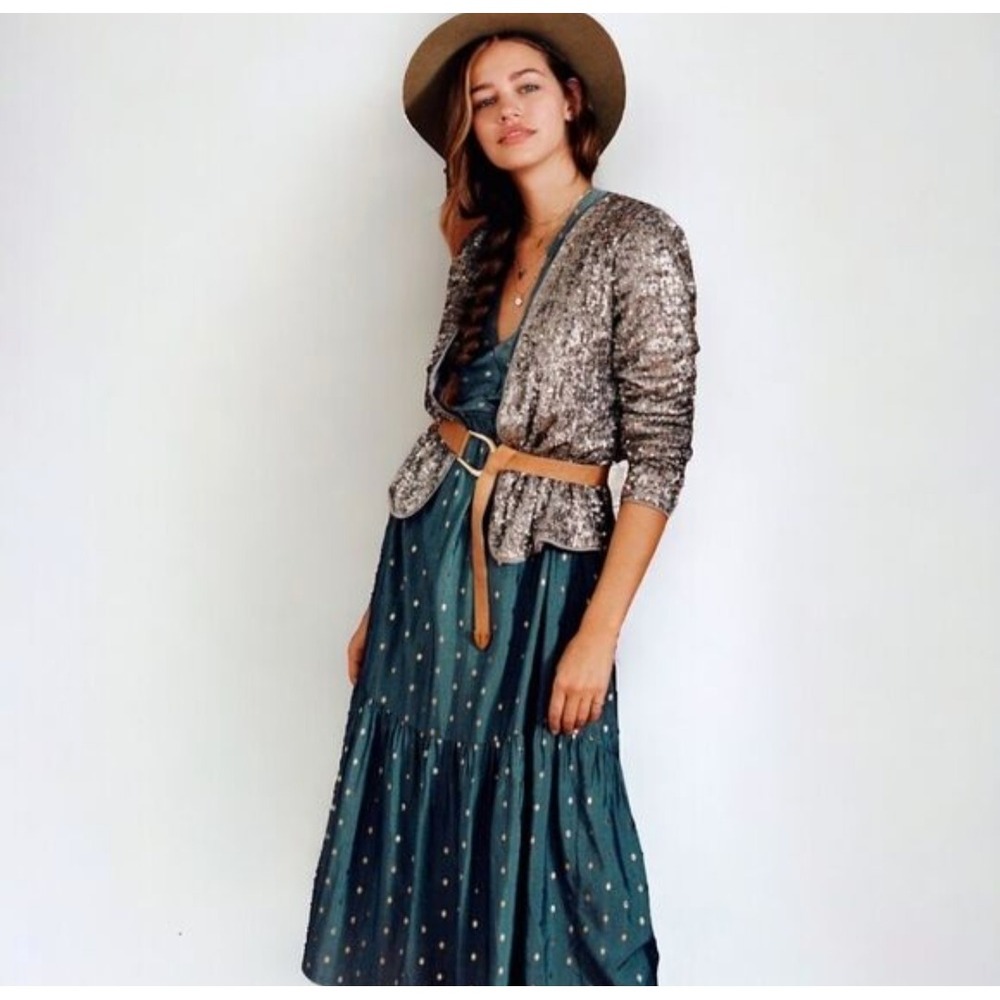 Anthropologie Stormy Blue‎ Tiered Maxi Dress Metallic Dot Napoli Size M - Picture 4 of 15